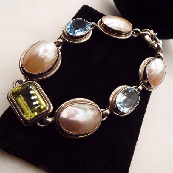 MASSIVE CITRINE & BLUE TOPAZ GEMS & MOBE PEARLS BEZEL SET STERLING BRACELET 30 - Picture 1 of 6
